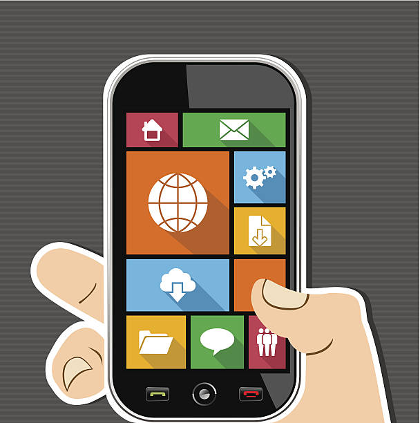 ilustraciones, imágenes clip art, dibujos animados e iconos de stock de a los elementos mano humana tiene un teléfono inteligente ui aplicaciones. - sharing file upload text messaging