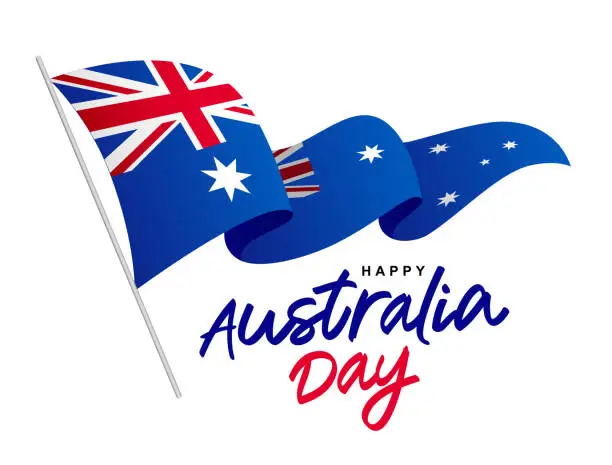 Vector illustration of Australian flag is hanging on a flagpole and fluttering in the wind. Happy Australia Day. Day of the first landing.