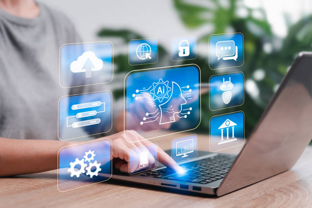 istock AI technology and business work management to lifestyle private data efficiently, Women use laptops and software technology AI to help and support work data analysis, banking, financial, smart robot 1822431531