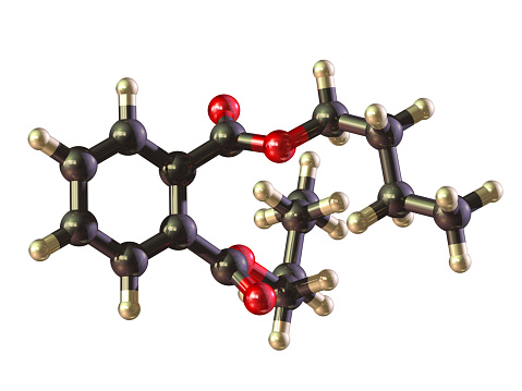 A molecular model of the plasticizer Dibutyl Phthalate or DBP.  As a plasticizer it has been used in many products including adhesives, textiles, cosmetics and children's toys. There are now concerns about its health effects, particularly its effect on male health and behaviour.   Isolated on white.