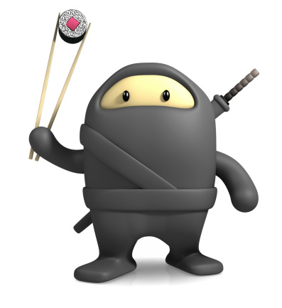This color photo shows a ninja martial artist dressed in black, guarding a white laptop computer and threatening a knife-hand technique. The laptop computer has a blank screen. The ninja warrior is visible from mid-thigh to the top of his head. The image is isolated on a white background.