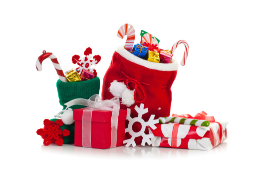 Christmas stocking. Santa's gift packages on white background