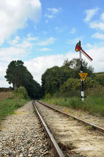 Old train track in the south of The Netherlands. with old signal post.