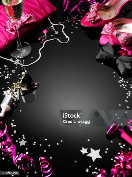 Frame Of Pink Shoes And Party Streamers Stock Photo - Download Image Now - New Year, Beauty, Black Color