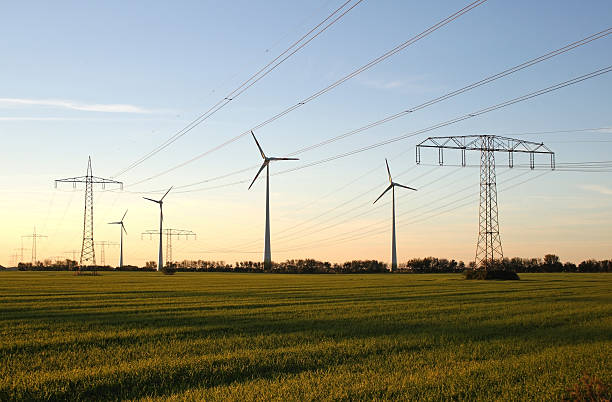 istock Windmills and electricity pylon in large green field 182245819