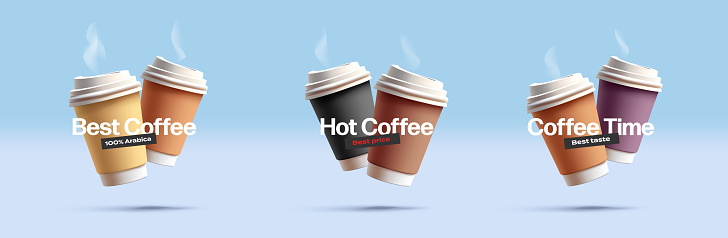 Set of compositions of paper cups of hot coffee with a lid, 3D. The concept for promoting and selling coffee drinks, marketing, advertising, and web design. Vector modern illustration.