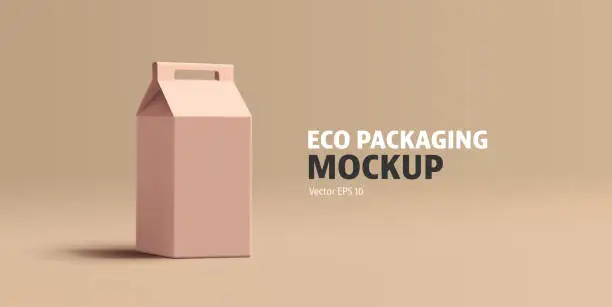 Vector illustration of Paper eco packaging with a handle for products, 3D. For packaging concepts of industrial goods, food, household items. Banner for advertising products. Vector