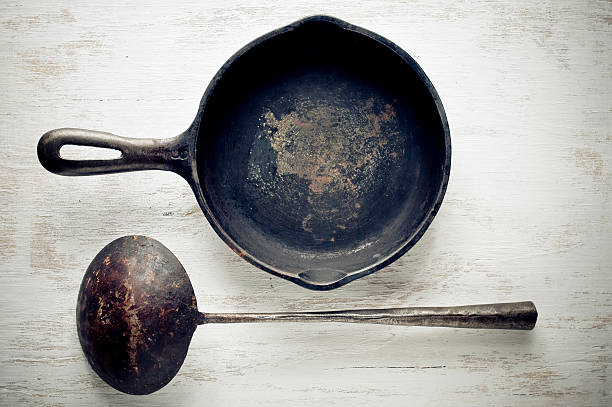 Vintage Kitchenwares Vintage iron cast skillet and scoop.More object images: skillet cooking pan photos stock pictures, royalty-free photos & images