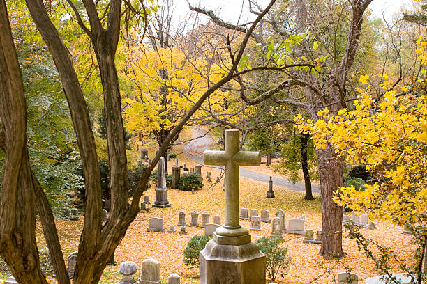 Cemetary with cross monument stock photo