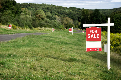 For sale signs litter this landscape on a beautiful hillside in New England.