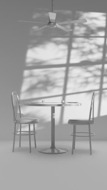 Stark White Empty Cafe with Chairs, Tables and Ceiling Fan Looping Background