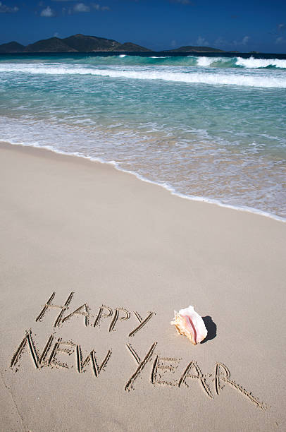szczęśliwego nowego roku wiadomość z muszla na tropikalnej plaży, - 2013 beach sand new years eve zdjęcia i obrazy z banku zdjęć