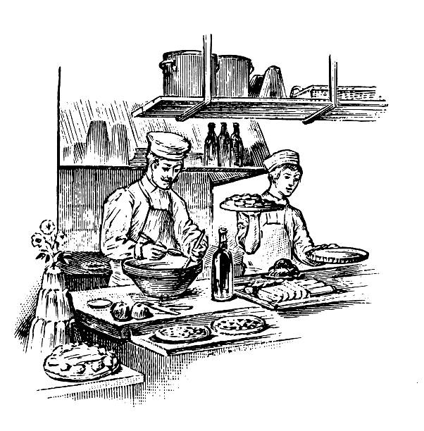 Working at restaurant | Antique Design Illustrations "19th-century engraving of two men working at a restaurant (isolated on white). Published in Specimens des divers caracteres et vignettes typographiques de la fonderie by Laurent de Berny (Paris, 1878).CLICK ON THE LINKS BELOW FOR HUNDREDS MORE SIMILAR IMAGES:" french food stock illustrations