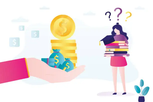 Vector illustration of Poor student girl holding textbooks and graduate hat. Banker hand offering student loan for education. Problem of high cost of education. Availability of higher education.