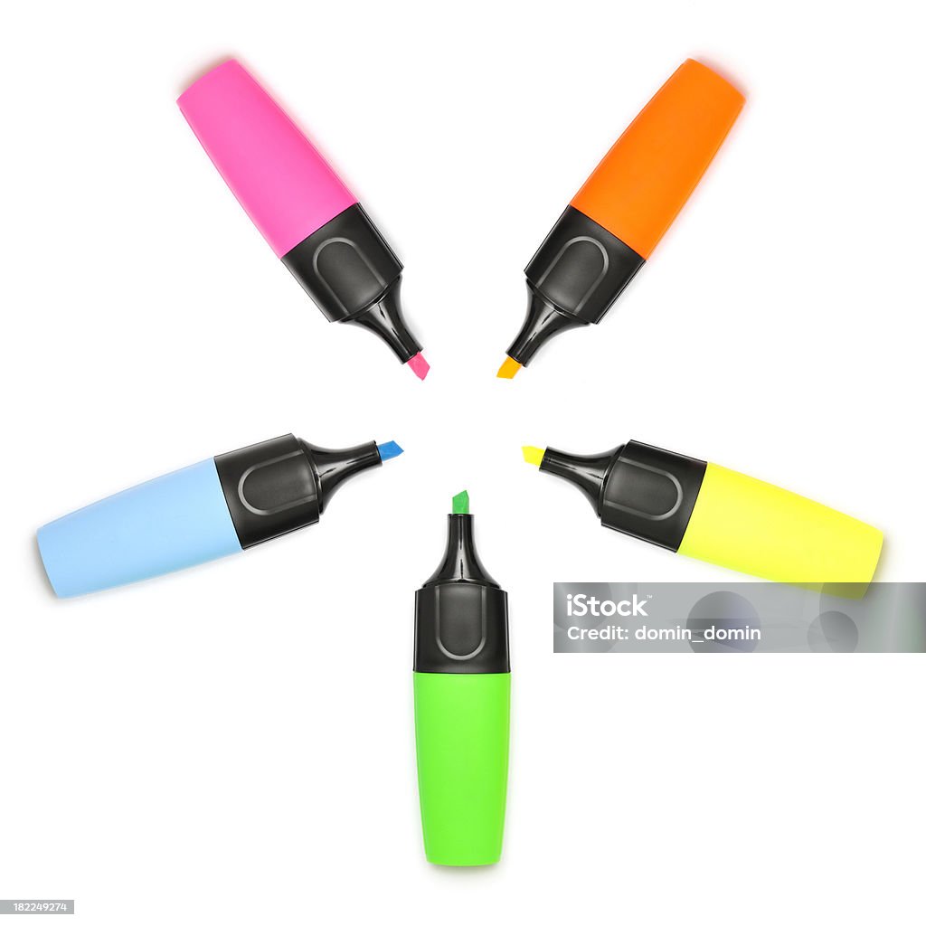 Five Multicoloured Markers arranged in shape of star, isolated "Five Multi Colored Felt Tip Pens. Highlighter without airtights. High Angle View, star-shaped." Arranging Stock Photo