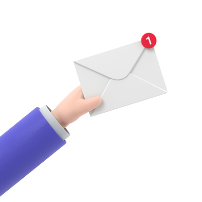Received message concept. New,email incoming message,sms. Mail delivery service. Envelope in hand. receive mail. 3D rendering on white background.