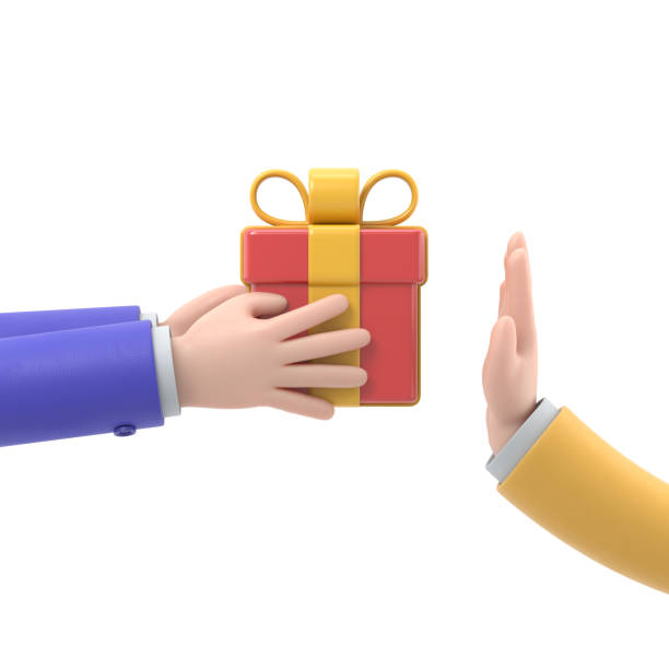istock Refusal of gift. No corruption concept. Rejecting proposal. Man holding in hand gift box with ribbon. Gesture rejects the proposal. 3D rendering on white background. 1822504068
