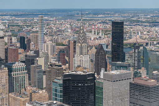 Aerial view of a city on a river.