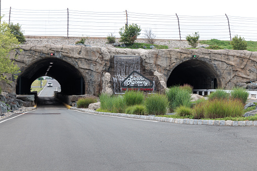 LONG POND, USA-AUGUST 4, 2023: Pocono Raceway entrance, The Tricky Triangle tunnel