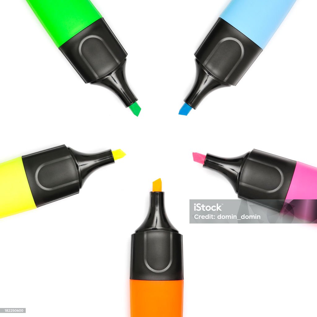 Communication, Five Multicoloured Markers arranged in shape of star, isolated "Five Multi Colored Felt Tip Pens. Highlighter without airtights. Directly above, forming star." Coloring Stock Photo