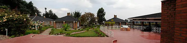 Stitched panorama made of 3 pictures. Guest-house in Kinigi - North of Rwanda at the foot of the Virunga volcanos range.