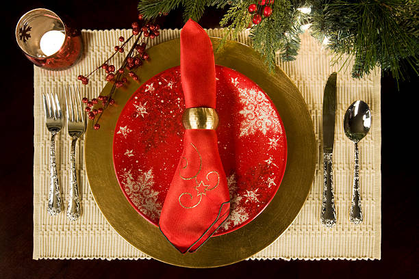 istock Beautiful Christmas Holiday Season Table Setting with Candle 182251989