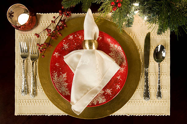 istock Beautiful Christmas Holiday Season Table Setting with White Napkin 182251991