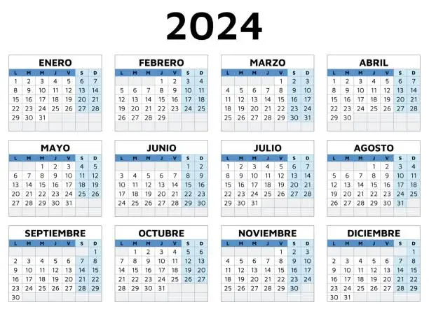 Vector illustration of 2024 spanish calendar. Printable vector template illustration in Spain. Horizontal