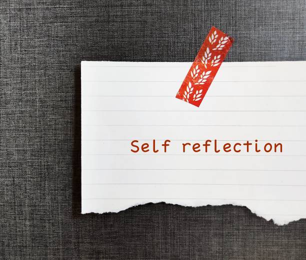 On wallpaper background, stick note with handwritten SELF REFLECTION, mental process to grow self understanding of who you are, values and why you think, feel, act the way you do