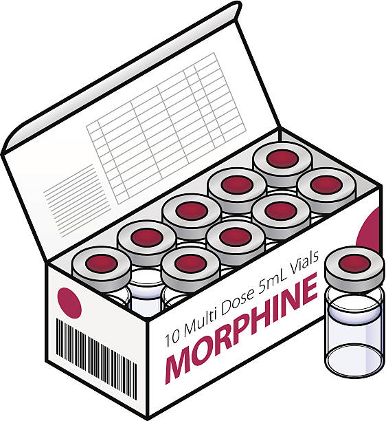 Morphine A box of 10 morphine vials. morphine drug stock illustrations
