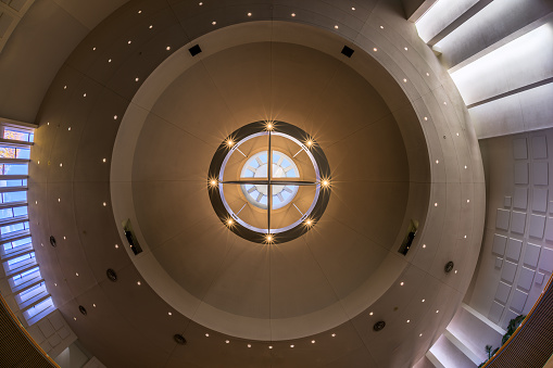 Columbus, Indiana, USA - October 30, 2023: Skylight and ceiling of the modern St Peter's Lutheran Church in Columbus