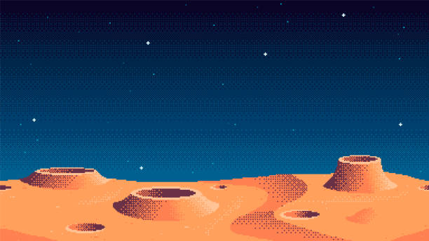 Pixel art game location. Cosmic area, planet surface riddled with craters. Seamless vector background