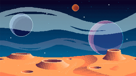 Pixel art planet surface background. Cosmic game location. Outer space seamless vector illustration