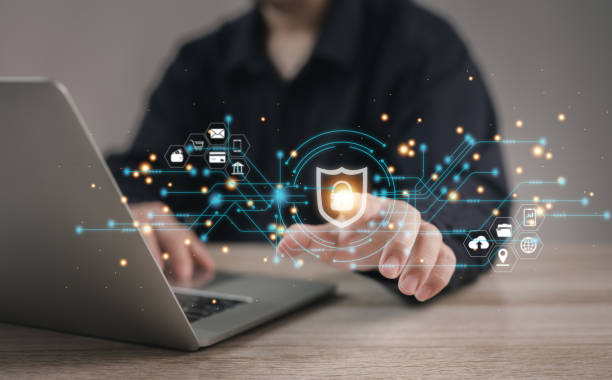 istock cybersecurity or internet access security concept : Business man use his finger to touching or pressing the virtual screen to lock or unlock important data on laptop using computer security system. 1822536094