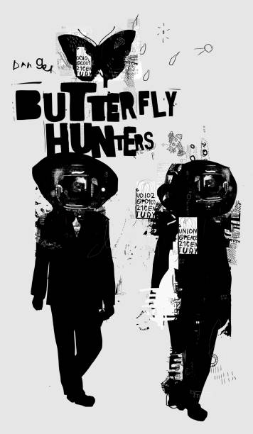 Butterfly hunters Image of people who put on spacesuits two men hunting stock illustrations