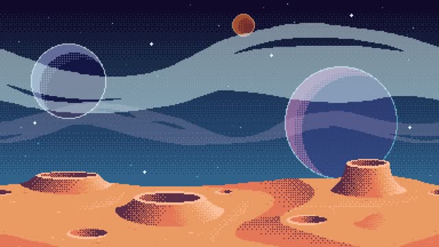 Looping animation of pixel art planet surface background with flying clouds.