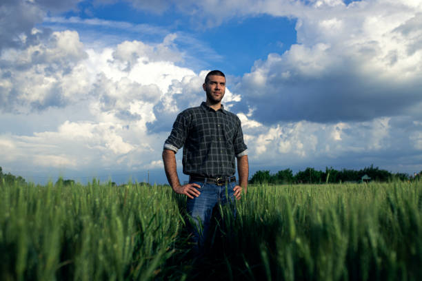 istock Young farmer standing in a green wheat field examining crop. 1822550604