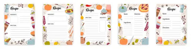 Vector illustration of Recipe cards. Culinary book blank pages with doodle kitchen tools vector set