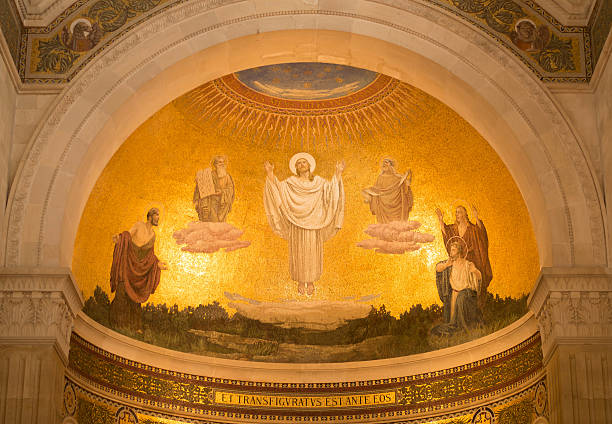 Transfiguration mosaic in the cathedral on Mount Tabor, Israel The scene of the biblical event of transfiguration of Jesus Christ - fresco in the Church of the Transfiguration, Mount Tabor, Galilee, Israel. apostle worshipper photos stock pictures, royalty-free photos & images
