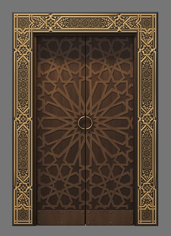 3D illustration. Arabic oriental carved wooden and gold sliding elevator door