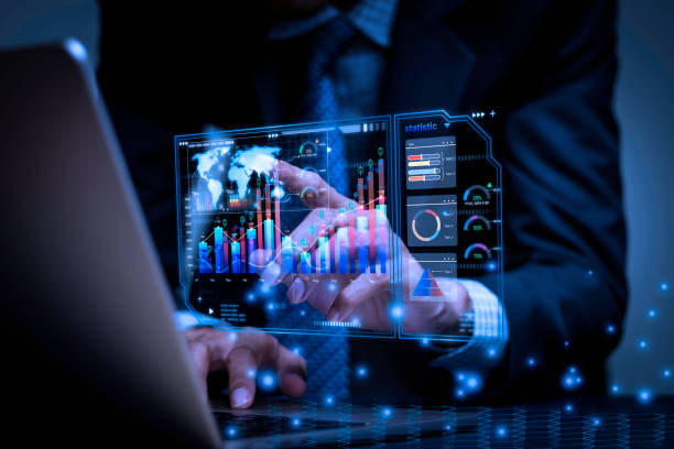 istock Businessman working with business analytics and data anagement system on computer, online total processing and metrics connected to database. corporate strategy for finance, operations, sales hologram 1822565361