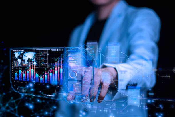 istock Businessman working with business analytics and data anagement system on hologram screen, online total processing and metrics connected to database. corporate strategy for finance, operations, sales. 1822565388