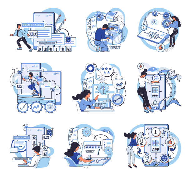 Application testing metaphor. Vector. App test, mock drill that prepares app for real-world scenarios Application testing metaphor. Vector illustration. App test, challenge course for testing apps limits Software testing, broom that sweeps away coding errors Application testing, detector identifying big computer desk stock illustrations