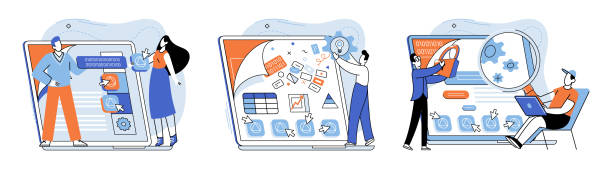 Application testing metaphor. Vector. Software testing, watchmthat keeps lookout for code anomalies Application testing Application testing metaphor. Vector illustration. Application testing, qualifying race before software chit users device App test, demo run that prepares app for its final race Software testing big computer desk stock illustrations