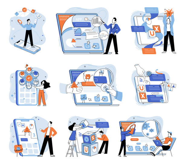 Application testing metaphor. Vector. Application testing, safety measure ensuring softwares seamless functioning Application testing metaphor. Vector illustration. Application testing, meticulous process to ensure flawless user experiences App test, litmus paper of apps performance Software testing, guardiangel big computer desk stock illustrations