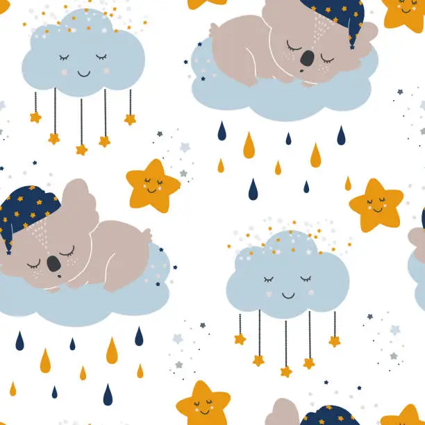 Vector illustration of Cute seamless pattern with cute sleeping koalas, clouds, moons and drops. Creative trendy kids texture for fabric, wrapping, textile, wallpaper, apparel. Vector illustration.