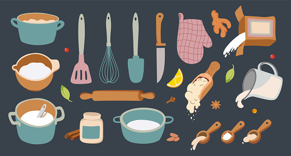 Kitchenware and Cook ingredients big set. Cookbook stickers, cute home menu. Cooking various meals set. Pots, loose ingredients, spoons and spatulas. Vector flat illustration.