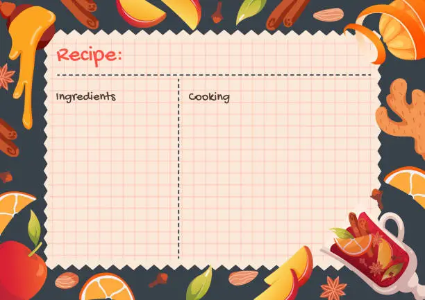 Vector illustration of Print recipe card templates for making notes about preparation of food and cooking ingredients.