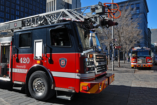 Montreal, QC, Canada, Nov. 8, 2023: Fire trucks from the Montreal fire department are pictured at a call in Old Montreal.