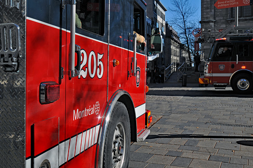 Montreal, QC, Canada, Nov. 8, 2023: Fire trucks from the Montreal fire department are pictured at a call in Old Montreal.